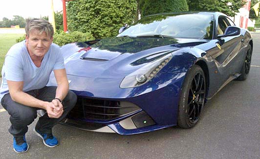 Ramsay called the purchase of a Ferrari the realization of a lifelong dream, second only to running a restaurant with a perfect Michelin star rating (which he also accomplished). Here, he poses with an F12 Berlinetta, which cost a modest $400,000.