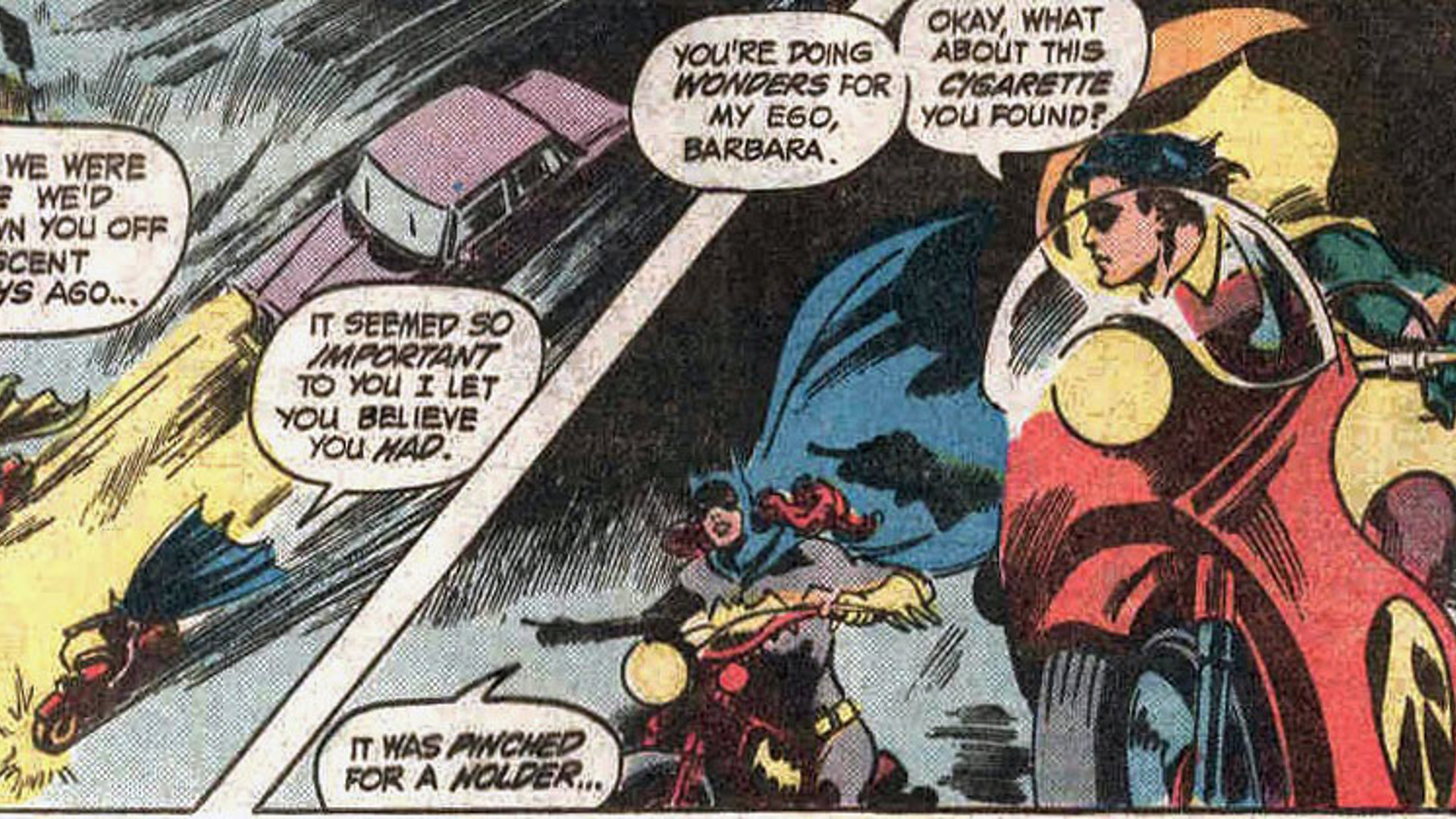 Where Batman rates a series of cars, his partners merited no such consideration. Pretty much since his first appearance, Robin has scooted around on a motorcycle – amazing when you consider he was initially an eight-year-old boy (later writers aged him into his teens). Meanwhile, Batgirl got a very similar bike when she patrolled the streets.