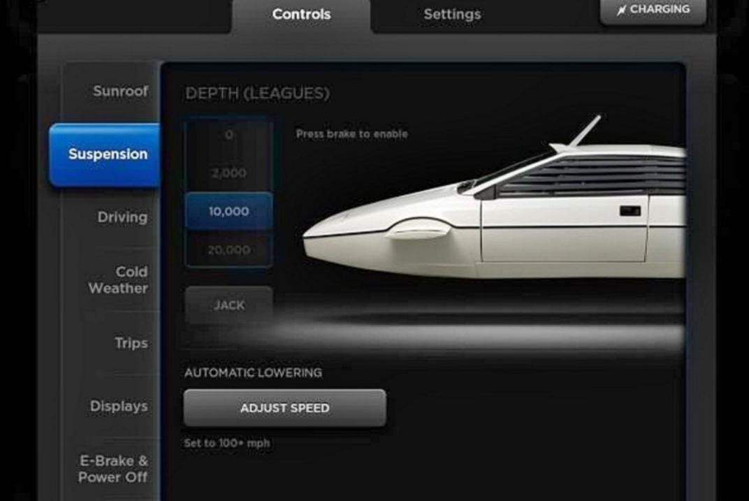 Inside the huge touchscreen of the Tesla Model S is a nod to Elon Musk’s favourite car, the Lotus Submarine from the Bond movies. The image is selected via a hidden menu, and it also allows you to change your suspension settings by measures of depth (leagues) instead of height (inches). You’ll also find “Ludicrous mode” and dials that go to 11, because pop culture references are hip and young and cool and stuff. You know, like 