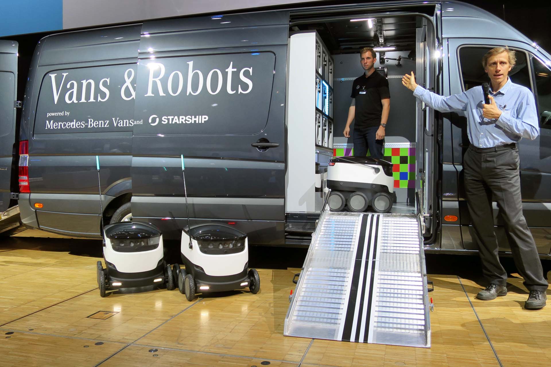 A project in conjunction with Starship Technologies sends a Sprinter equipped with robots to a central area, with the robots making the final delivery of small parcels.