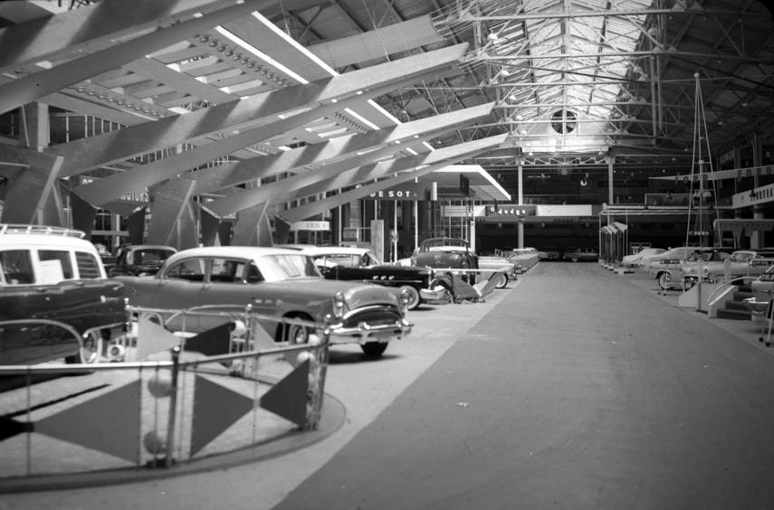 General Motors, Chrysler and Ford get their displays ready in the Automotive Building at the CNE for the 1954 show.