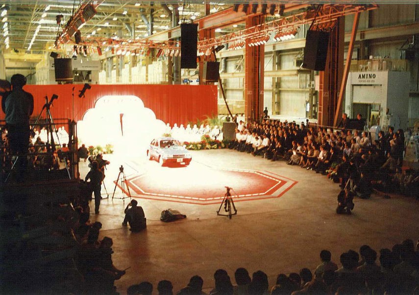 The first Corolla rolls out of Toyota's Ontario plant in 1988