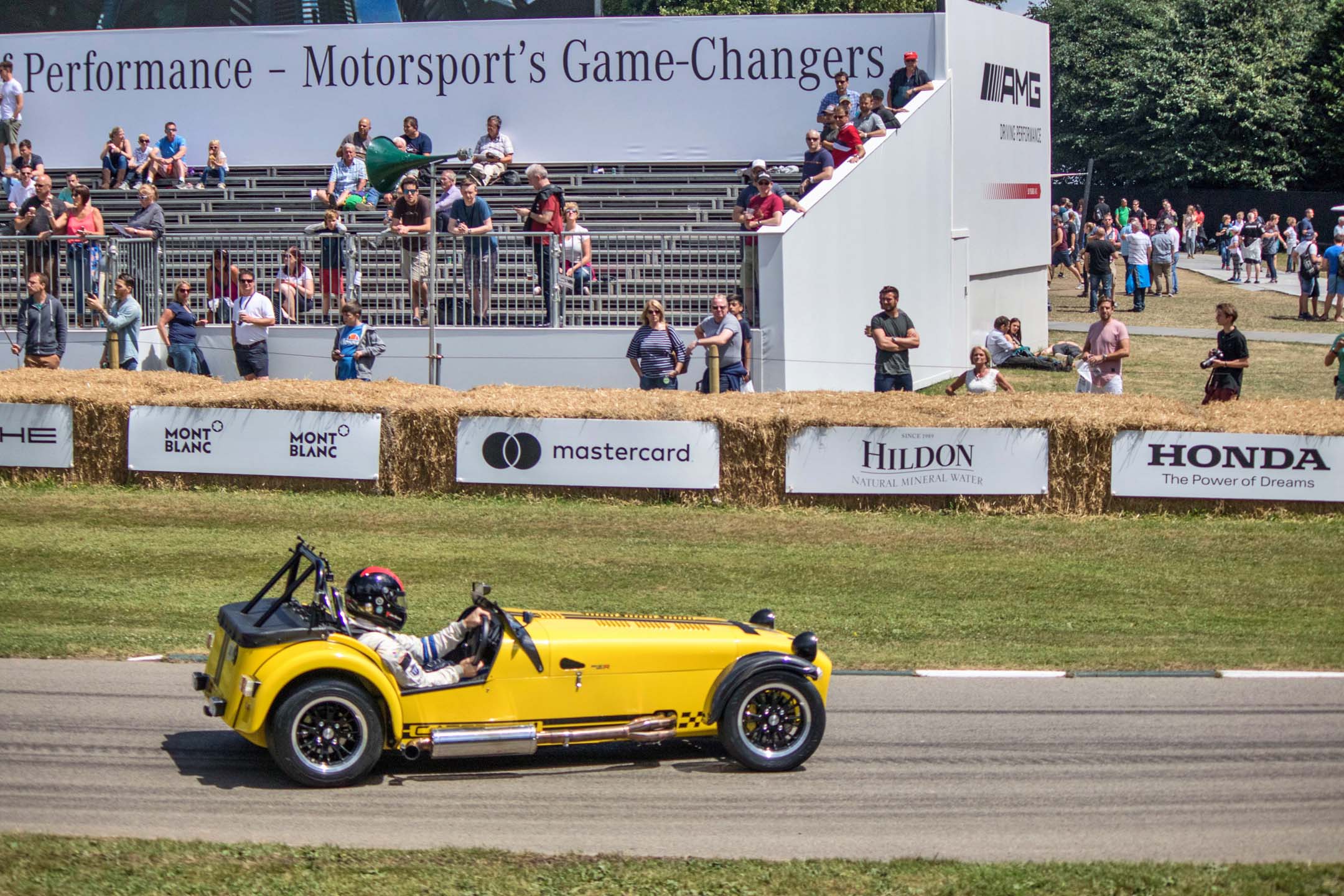 A Caterham 620R gets completely sideways, just on its way back to the staging area. Despite being a half-century old design, the Caterham was the second quickest car up the hill, beating out all the supercars.