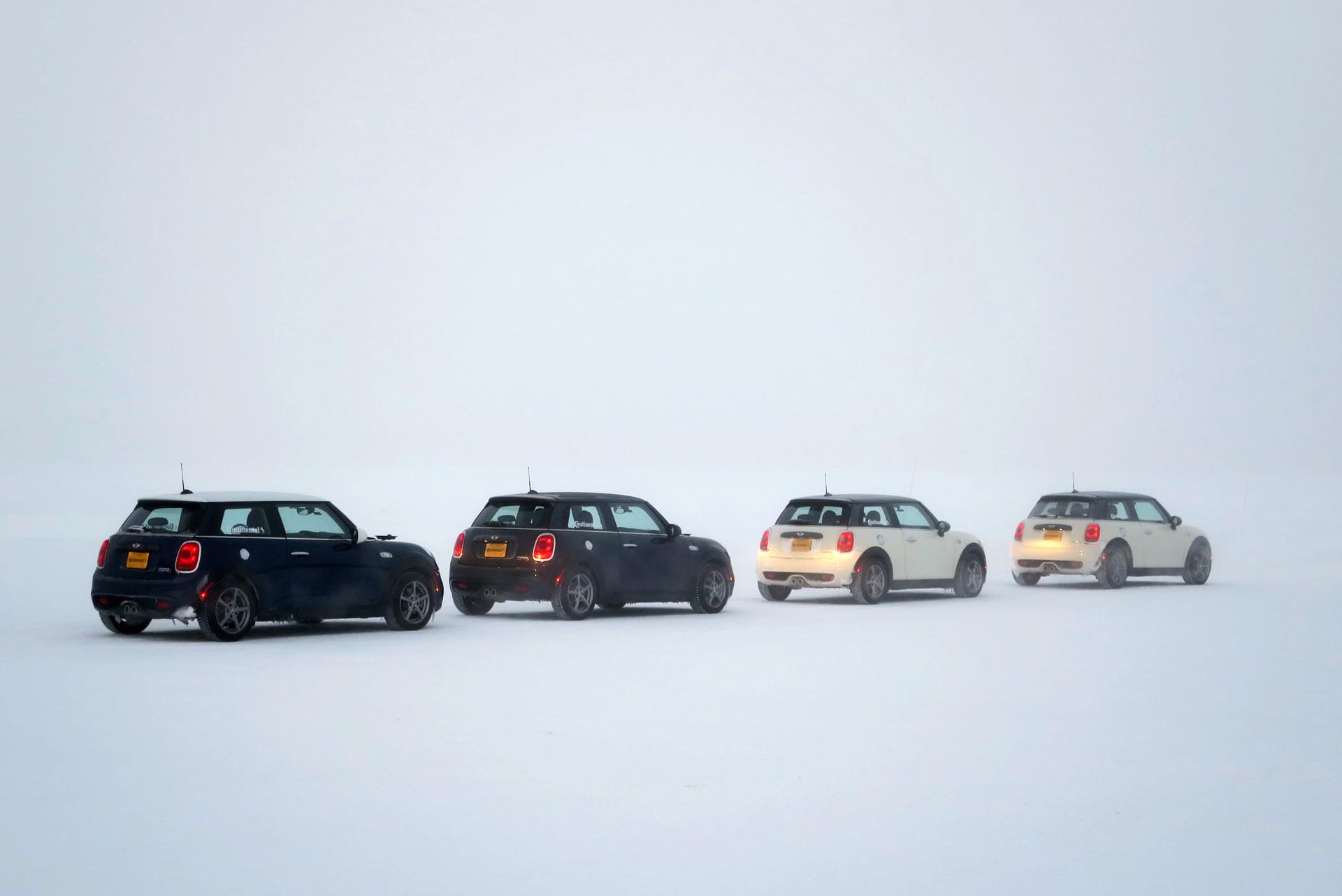 Turns out it’s not always sunny. We could hardly see these 2015 Mini Cooper S’s at nearby Yellowstone Airport, closed for the season and repurposed as testing facility for the automotive sector.